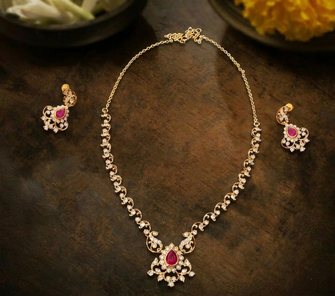 White stone pink beed necklace with earrings