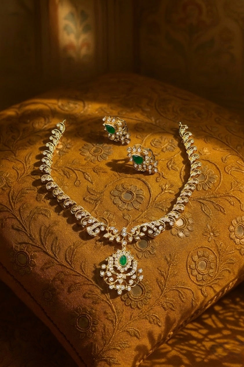 White stone green beed necklace with earrings