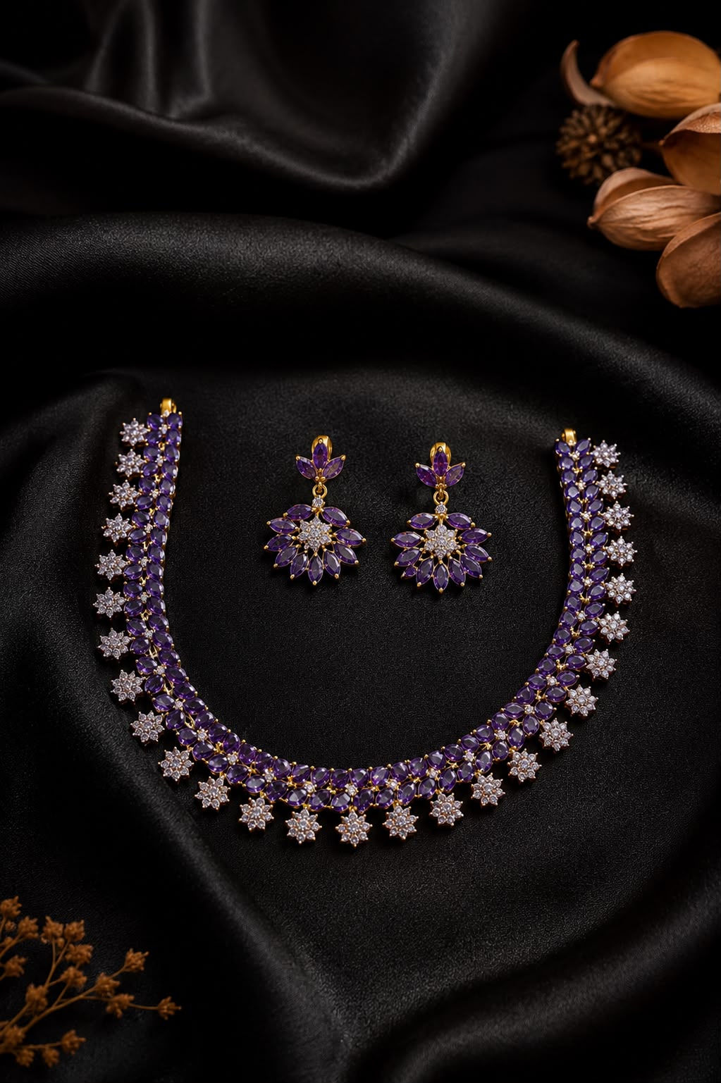 Purple stone necklace with earrings