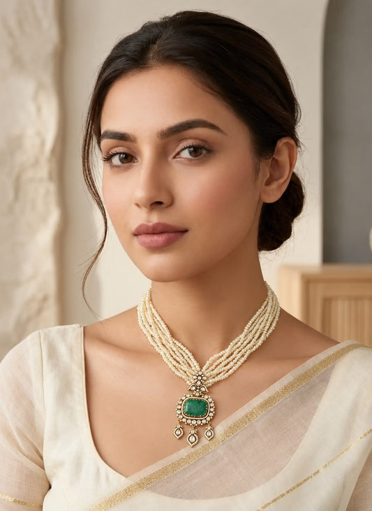 White pearls with green stone pendant