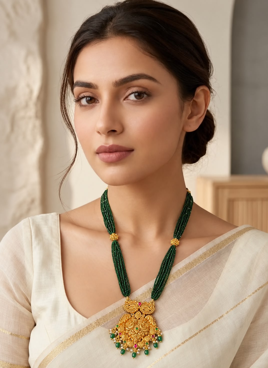 Green beeds layers necklace