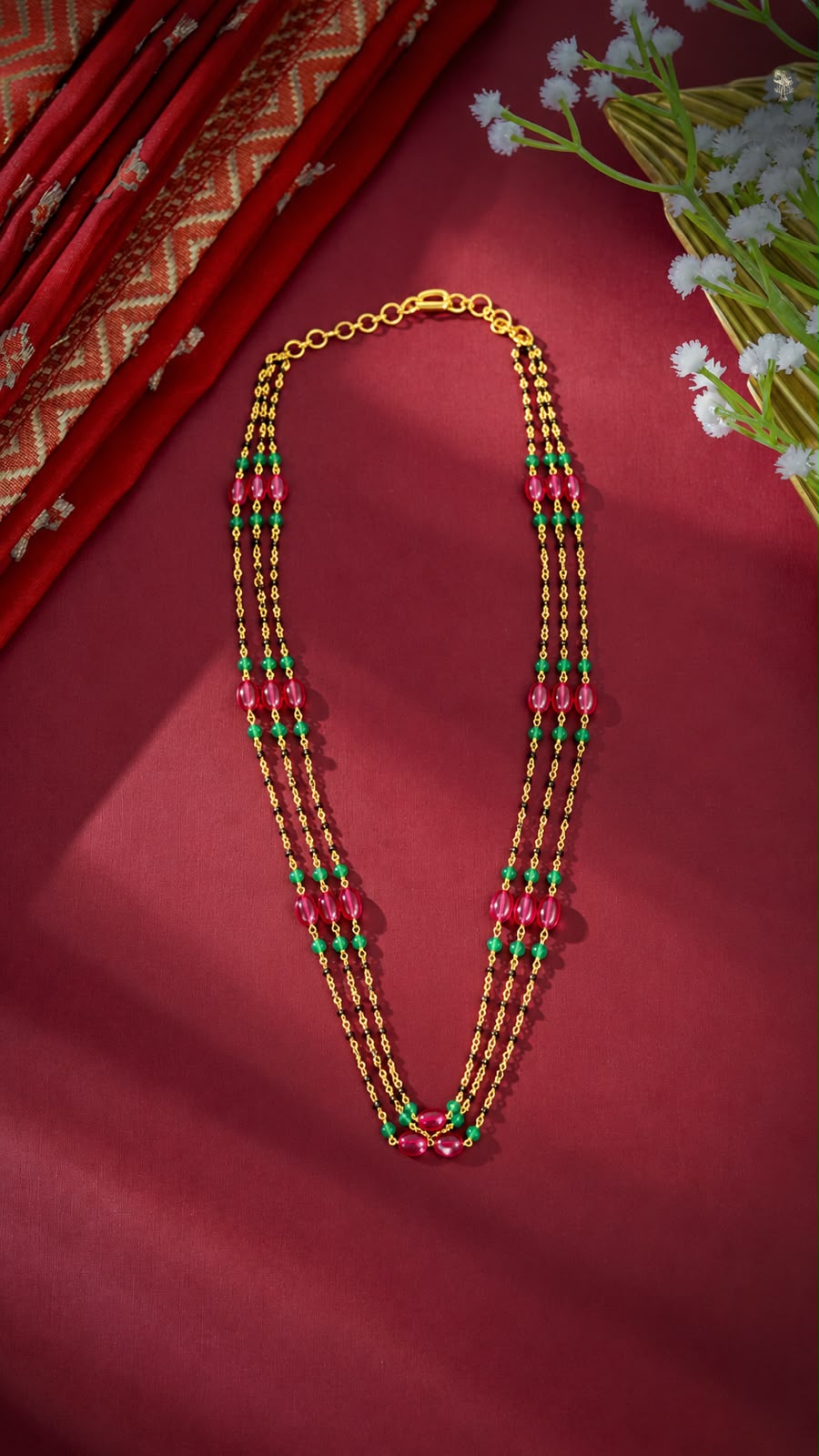 Green with pink three layers necklace