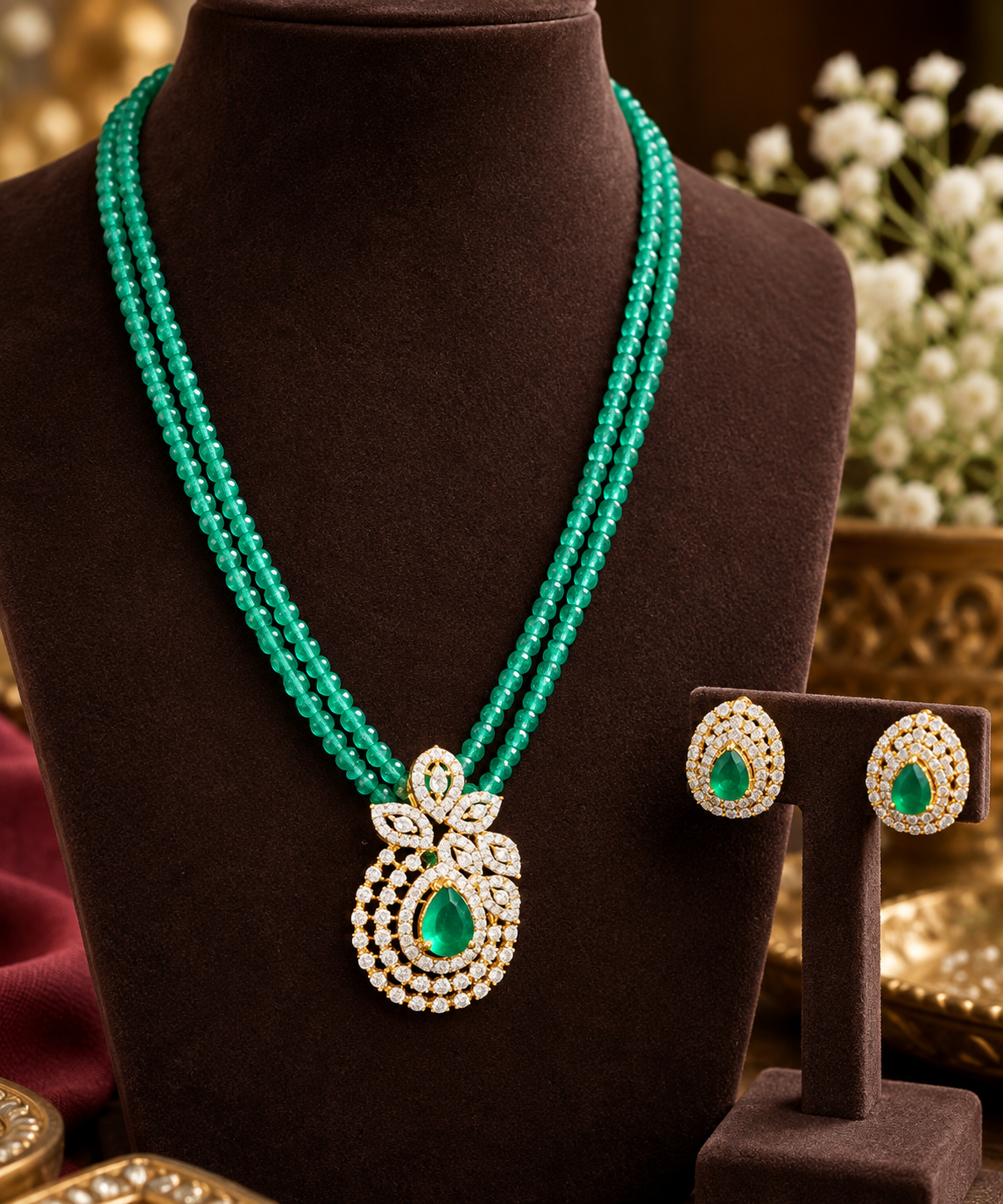 Green stone pendant set